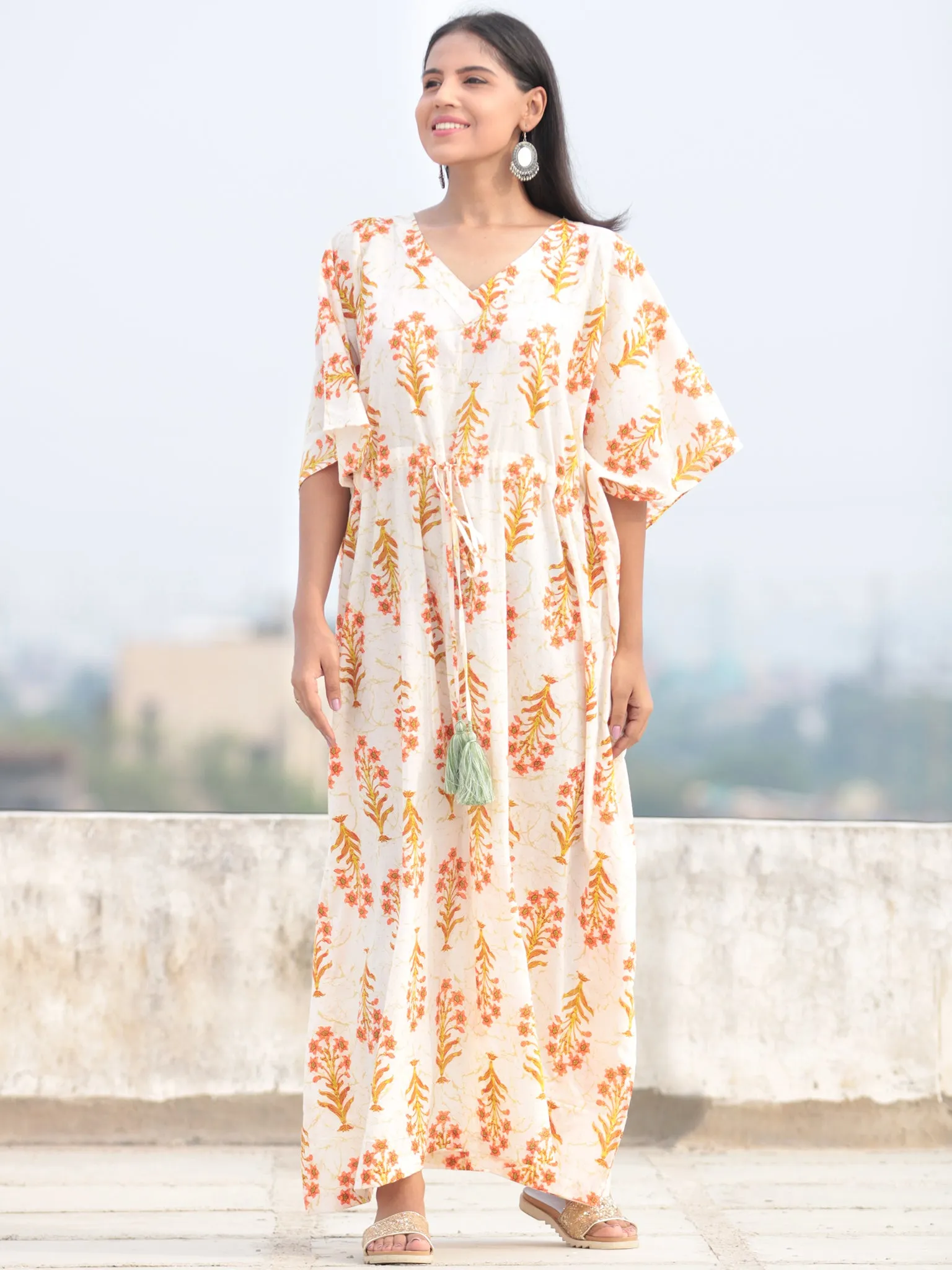 Ivory Peach Green Hand Block Printed Kaftan - K006F2047