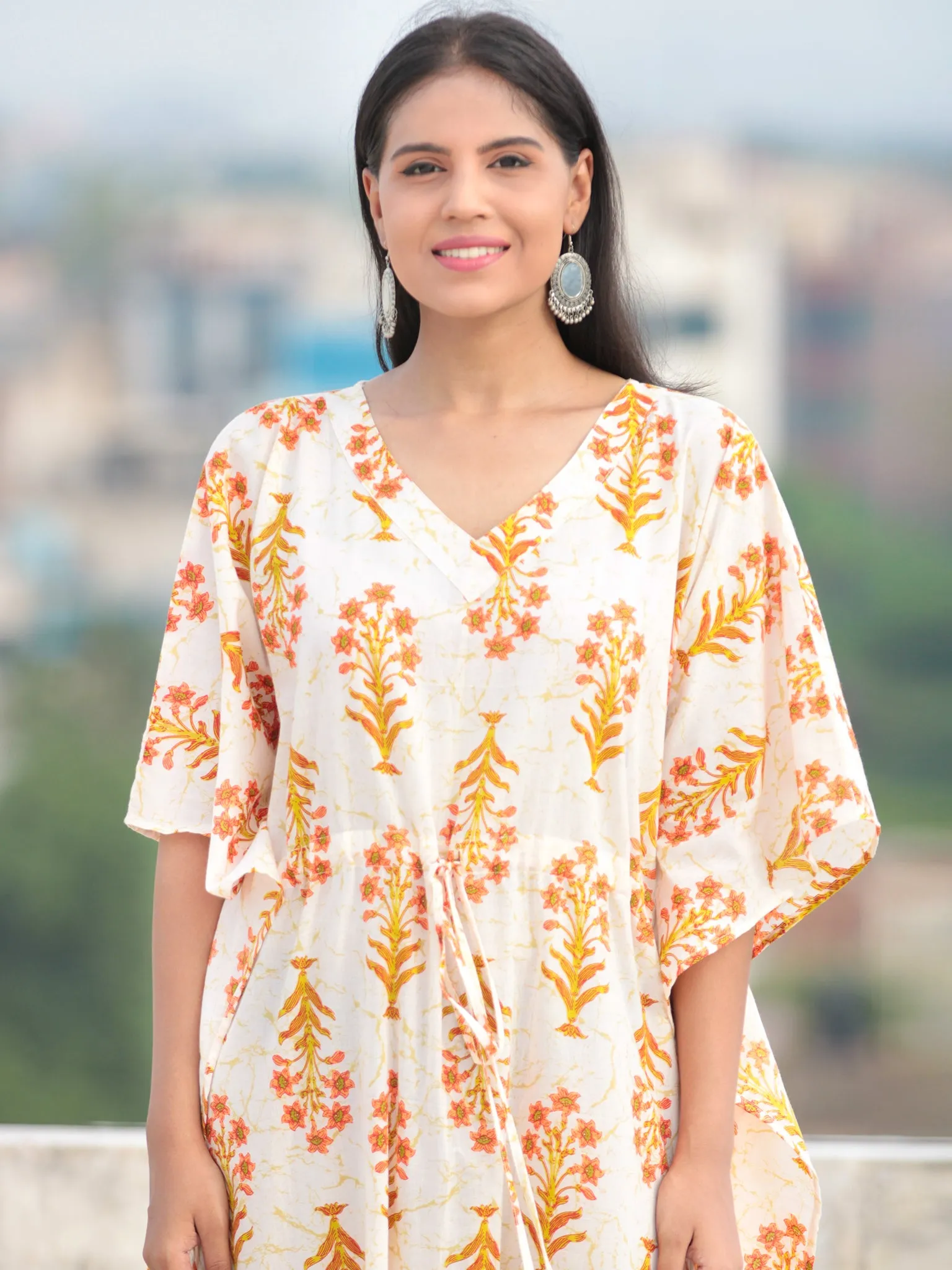 Ivory Peach Green Hand Block Printed Kaftan - K006F2047