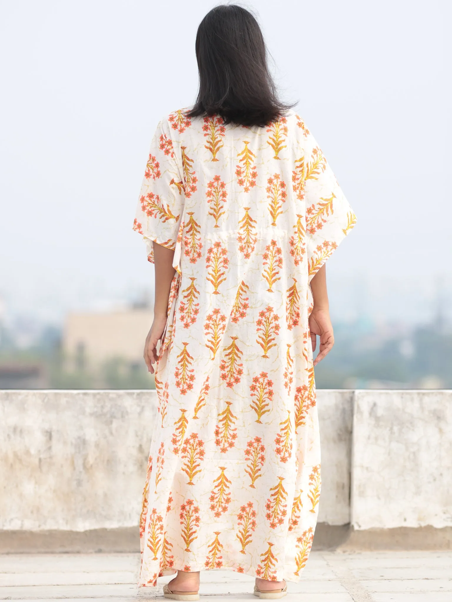 Ivory Peach Green Hand Block Printed Kaftan - K006F2047