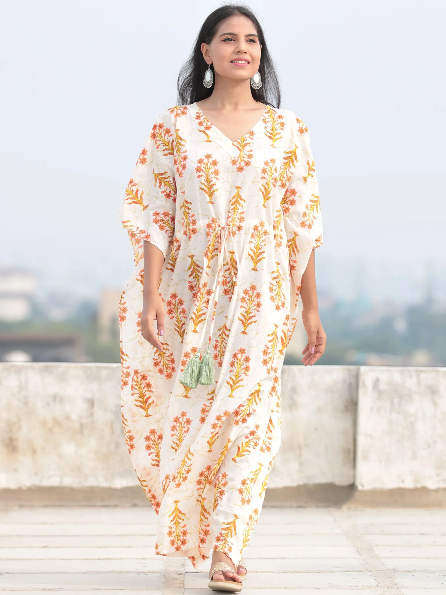 Ivory Peach Green Hand Block Printed Kaftan - K006F2047