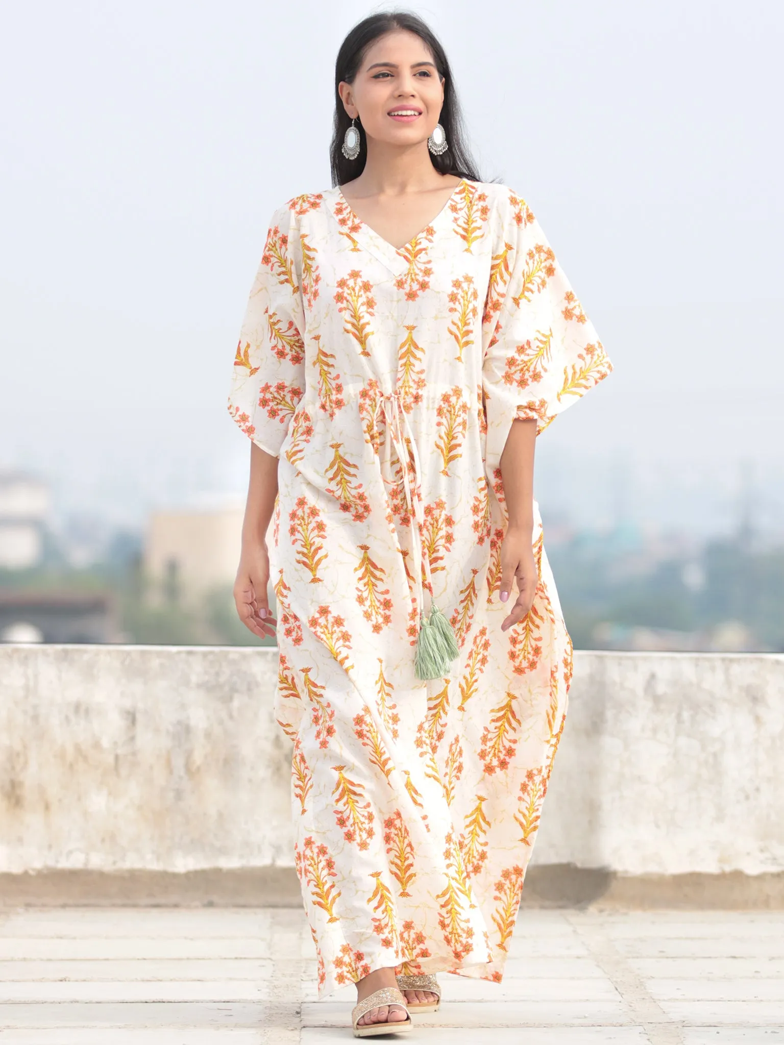 Ivory Peach Green Hand Block Printed Kaftan - K006F2047