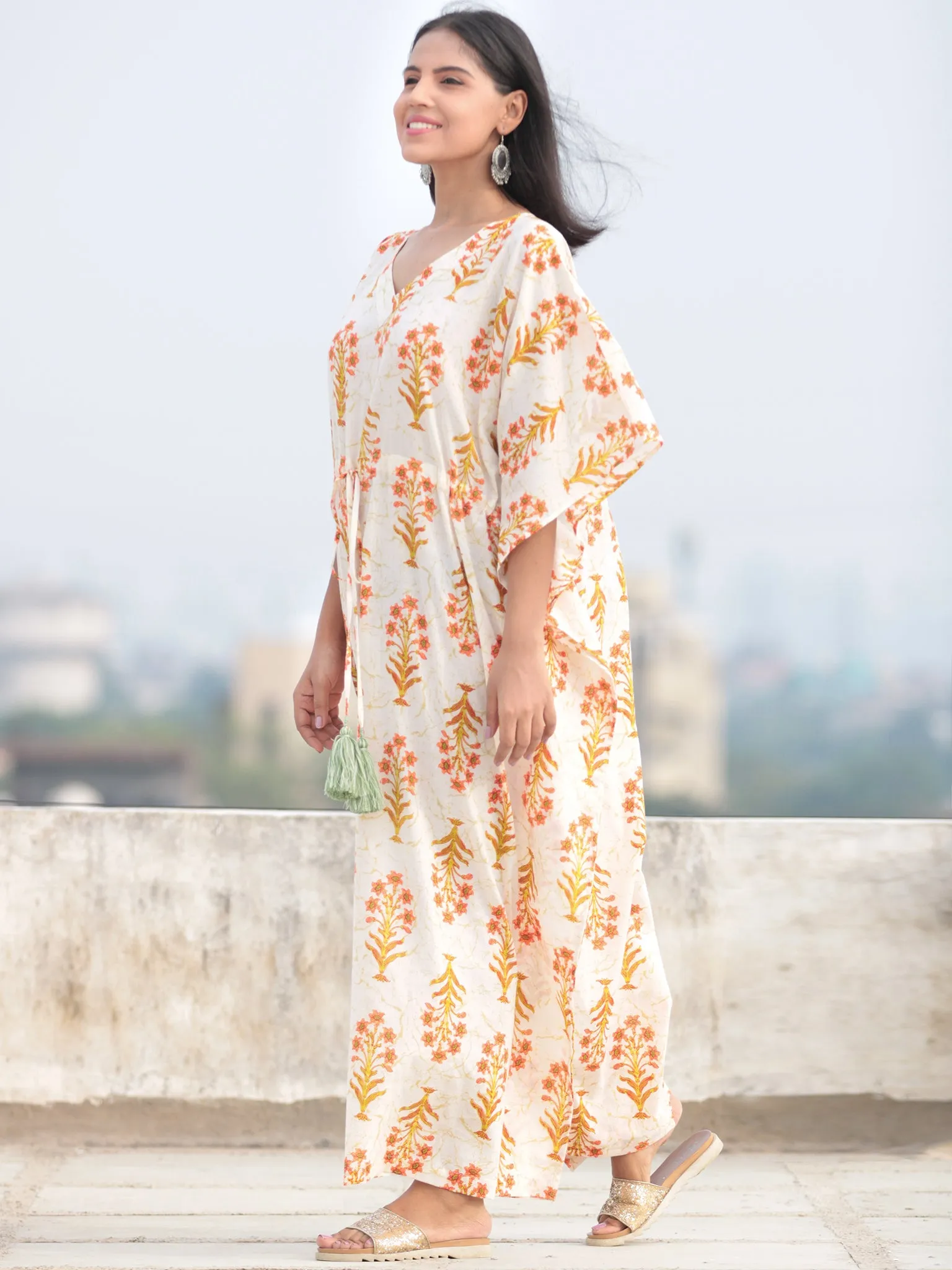 Ivory Peach Green Hand Block Printed Kaftan - K006F2047