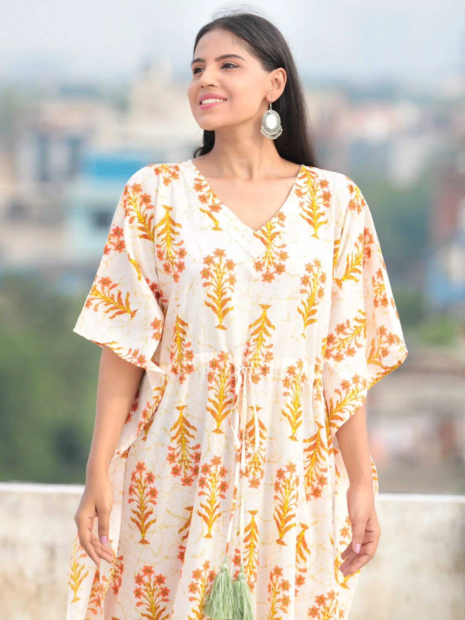 Ivory Peach Green Hand Block Printed Kaftan - K006F2047