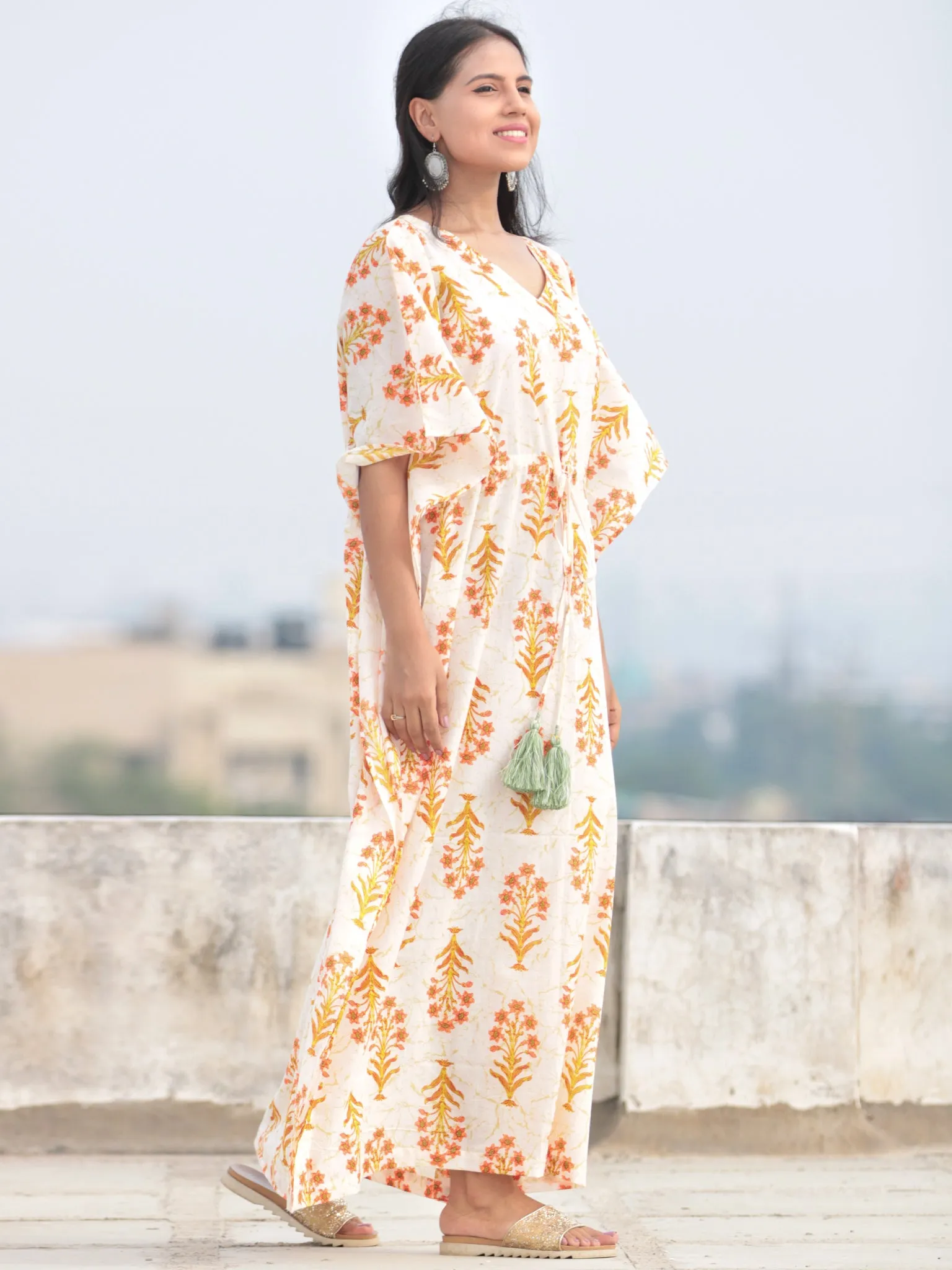 Ivory Peach Green Hand Block Printed Kaftan - K006F2047