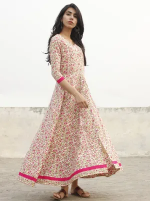 Ivory Pink Green Magenta Long Front Open Hand Block Cotton Dress With Lining   - D149F1099