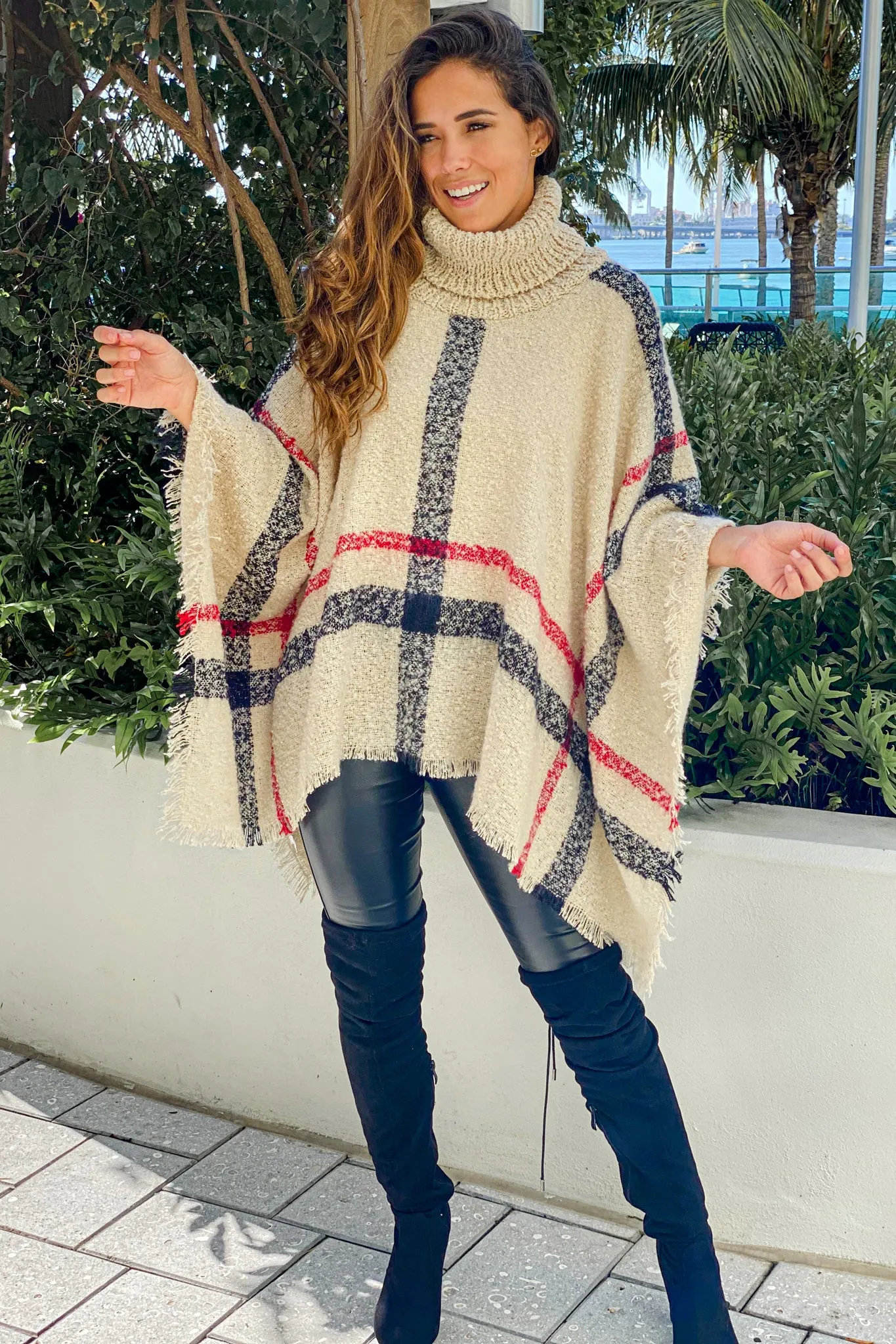 Ivory Plaid Turtleneck Poncho