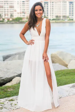 Ivory Pleated Maxi Dress with Embroidered Sides