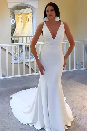 Ivory Plunge V Neck Open Back Mermaid Long Wedding Dress WD665