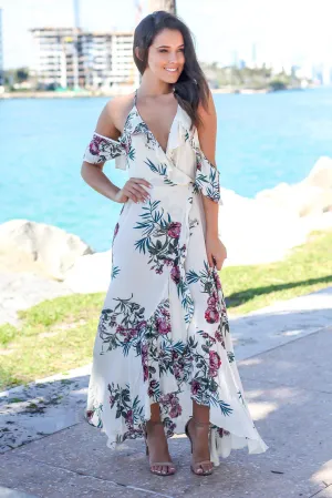 Ivory Printed Off Shoulder Maxi Dress