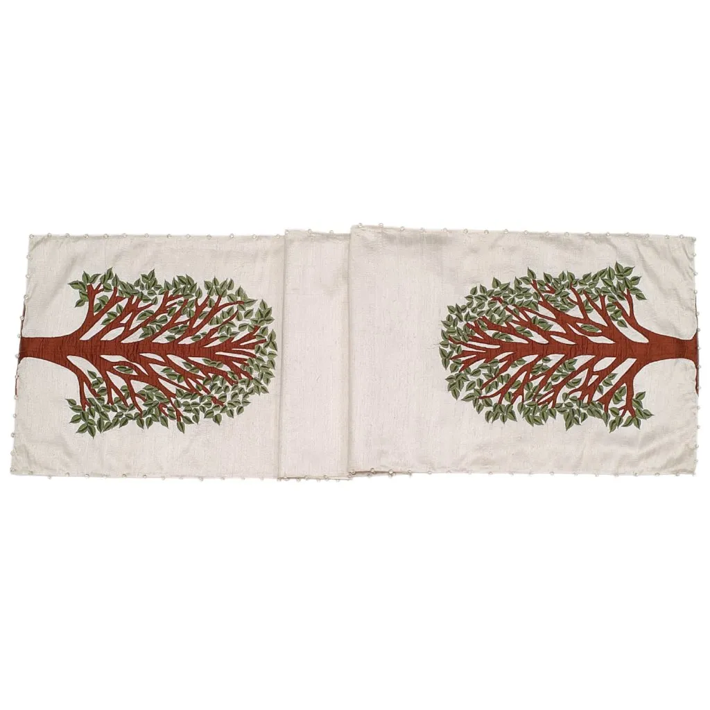 Ivory Silk Table Runner with Tree of Life Embroidery and Hand Beading - 18x72"