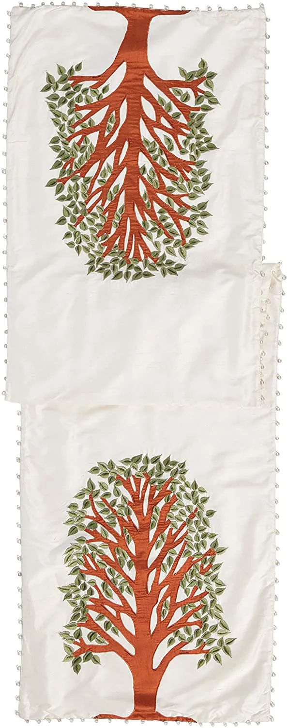 Ivory Silk Table Runner with Tree of Life Embroidery and Hand Beading - 18x72"