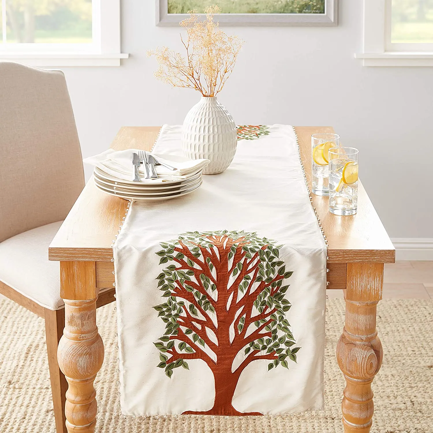 Ivory Silk Table Runner with Tree of Life Embroidery and Hand Beading - 18x72"