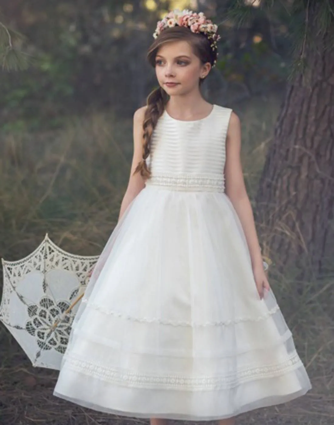 Ivory Striped Organza and Beaded Lace Trim Dress - White