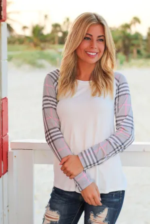 Ivory Top with Gray Plaid Sleeves