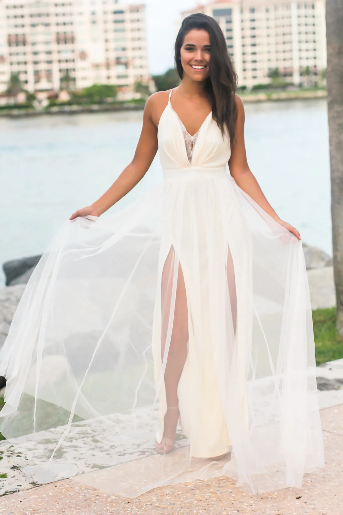 Ivory Tulle Maxi Dress with Lace Detail