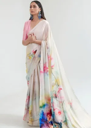 Ivory White Satin Silk Digital Printed Saree