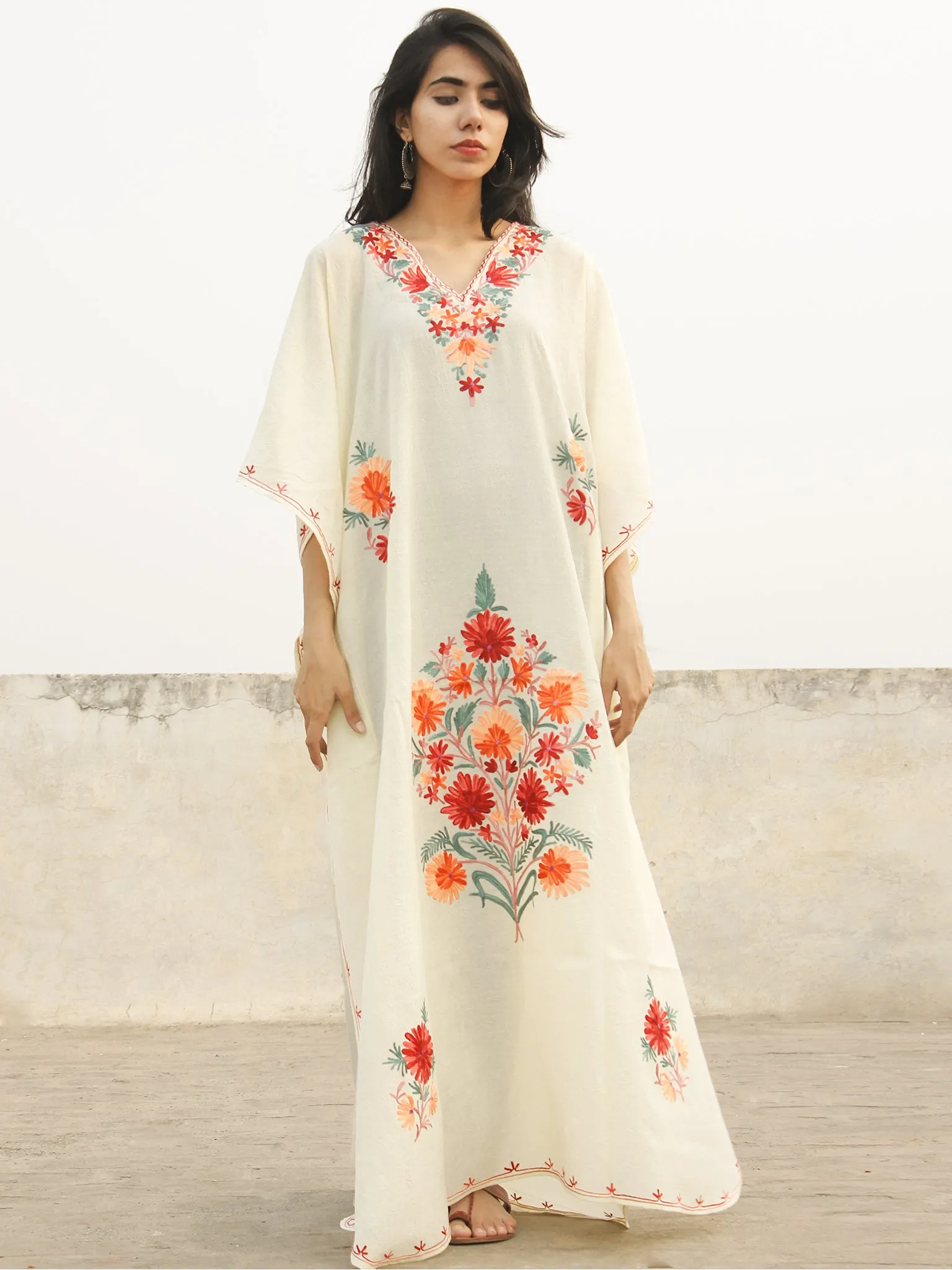 Ivory White with Multi Color Aari Embroidered Long Kashmere Free Size Kaftan in Crushed Cotton - K11K004