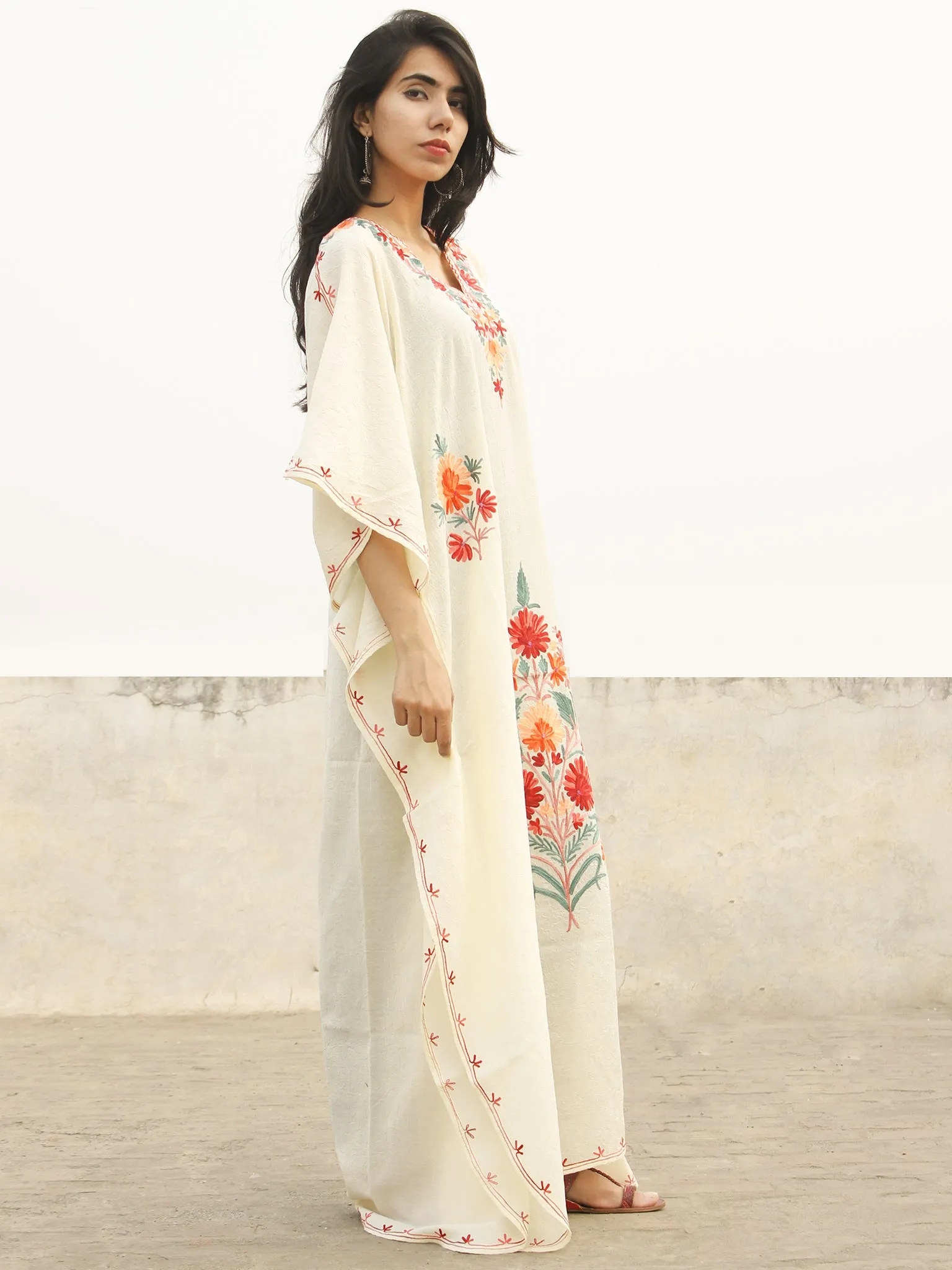 Ivory White with Multi Color Aari Embroidered Long Kashmere Free Size Kaftan in Crushed Cotton - K11K004