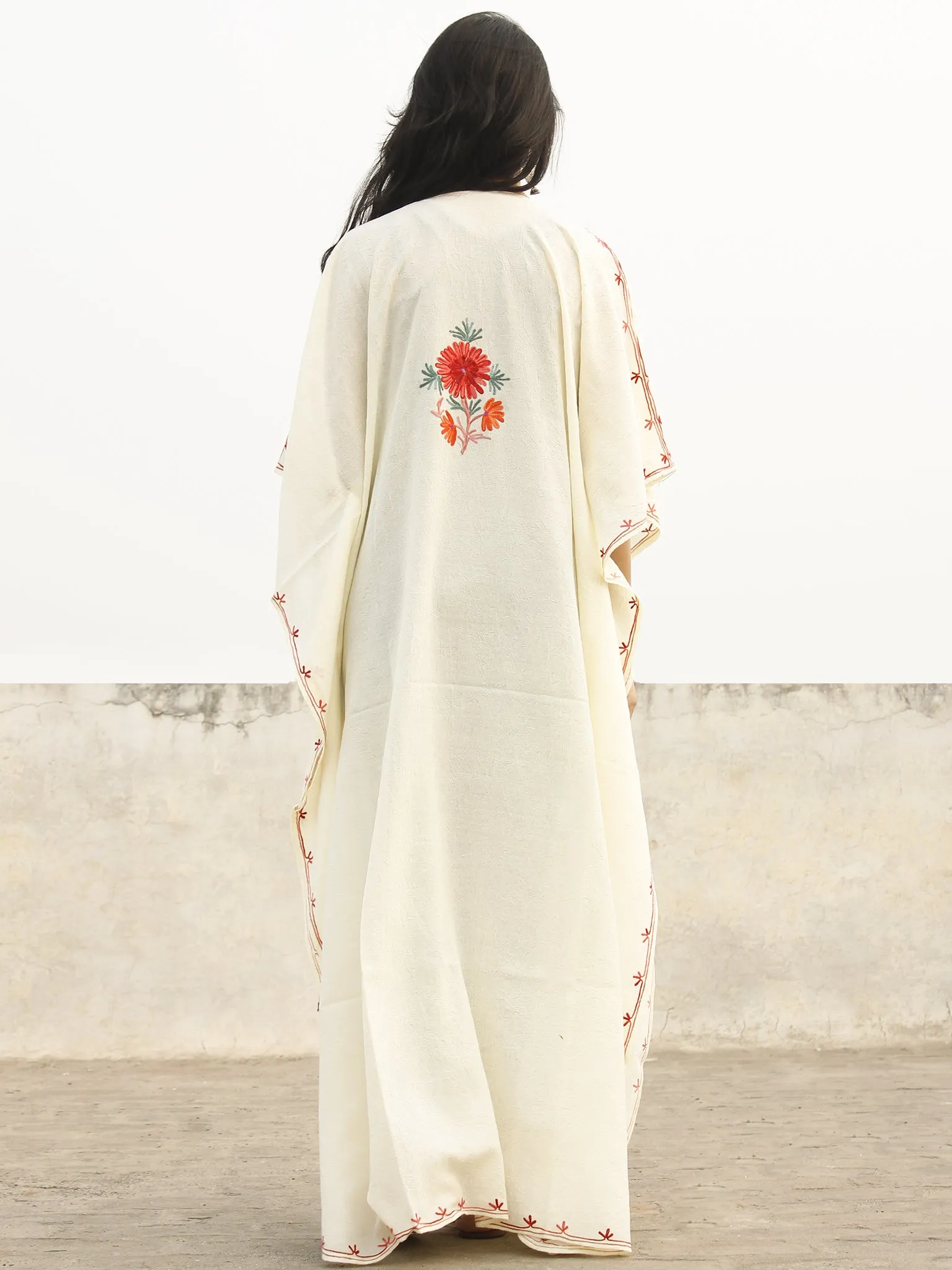 Ivory White with Multi Color Aari Embroidered Long Kashmere Free Size Kaftan in Crushed Cotton - K11K004