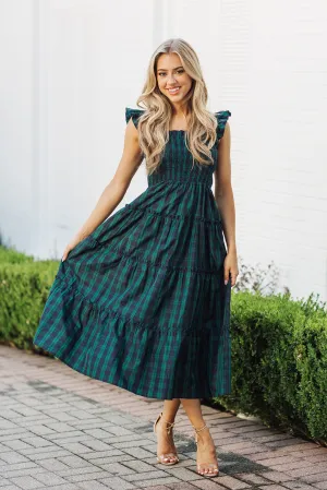 J. Marie Joy Ruffle Strap Midi Dress - Hunter Green Gingham