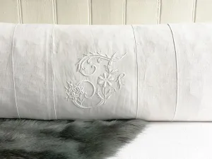 'J' or 'F' Large Bolster Cushion - Antique French J or FMonogram on Linen J-0823