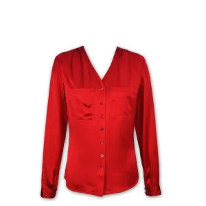 J. Peterman Women's Silk Satin Patch Pocket Blouse in Red