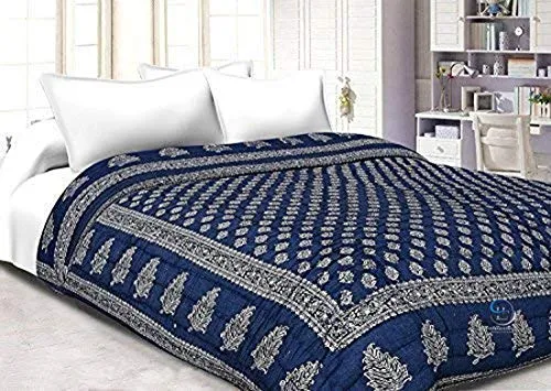 J SHREE Cotton Rajasthani Print Dark Blue Reversible Jaipuri Single Bed Quilt Razai Rajai Dohar AC-Blanket 85x55 inch (Single Bed)