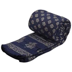 J SHREE Cotton Rajasthani Print Dark Blue Reversible Jaipuri Single Bed Quilt Razai Rajai Dohar AC-Blanket 85x55 inch (Single Bed)