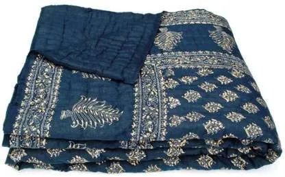 J SHREE Cotton Rajasthani Print Dark Blue Reversible Jaipuri Single Bed Quilt Razai Rajai Dohar AC-Blanket 85x55 inch (Single Bed)