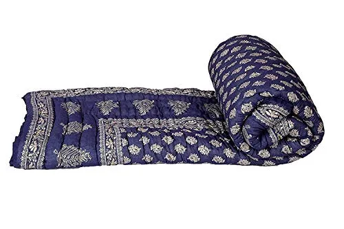 J SHREE Cotton Rajasthani Print Dark Blue Reversible Jaipuri Single Bed Quilt Razai Rajai Dohar AC-Blanket 85x55 inch (Single Bed)