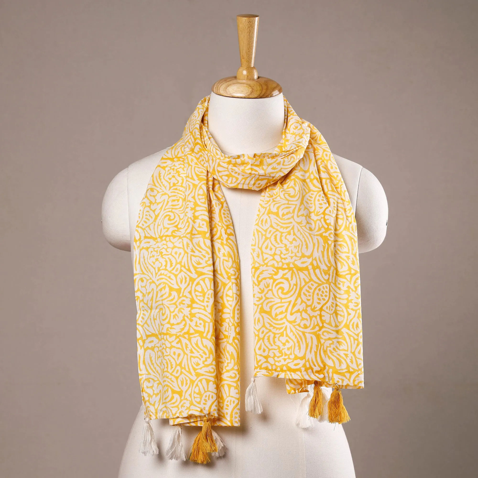 Jaal Buti Yellow Sanganeri Block Printed Cotton Stoles With Tassels