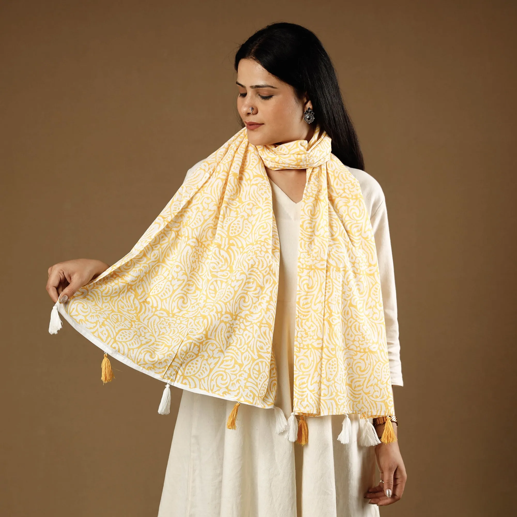 Jaal Buti Yellow Sanganeri Block Printed Cotton Stoles With Tassels