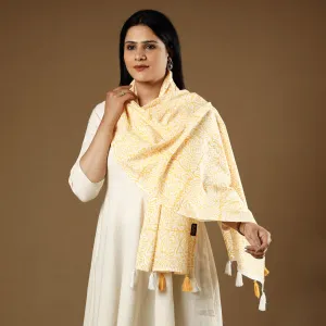 Jaal Buti Yellow Sanganeri Block Printed Cotton Stoles With Tassels