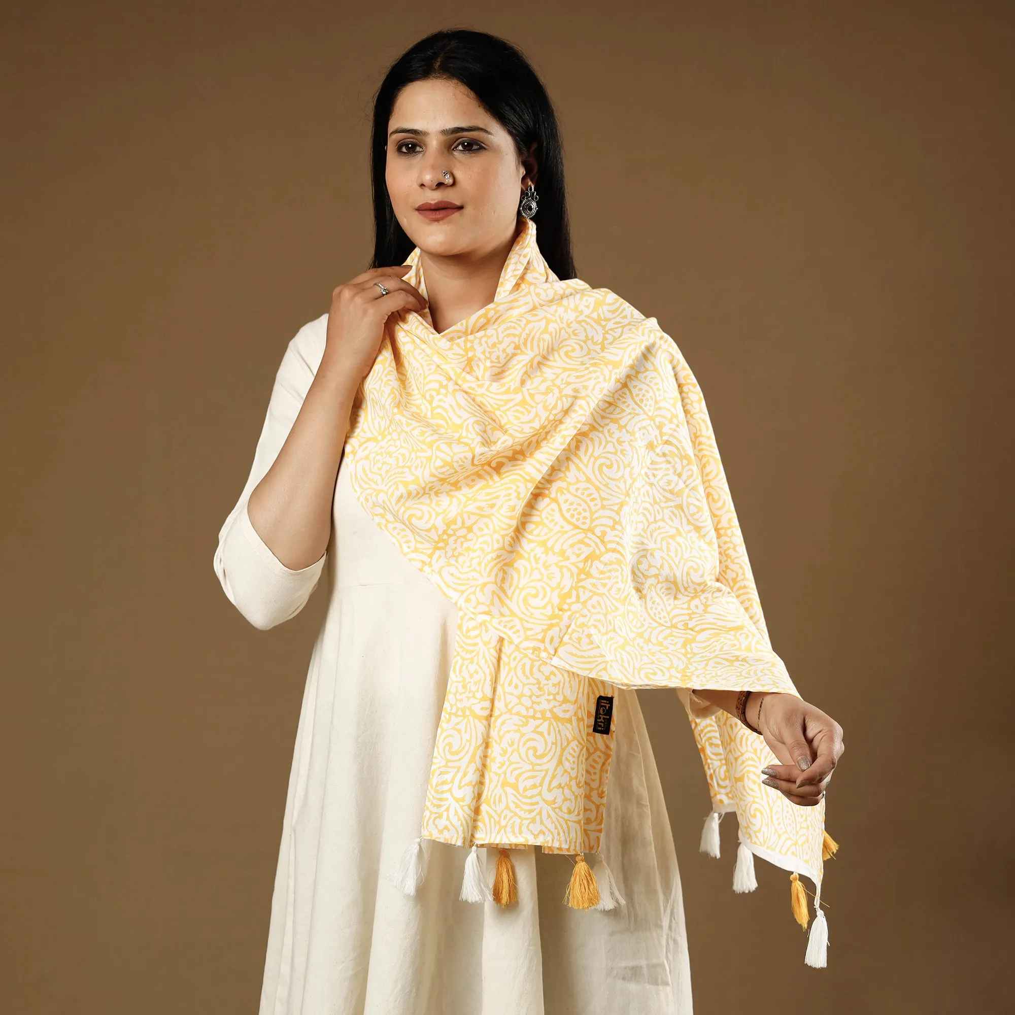 Jaal Buti Yellow Sanganeri Block Printed Cotton Stoles With Tassels