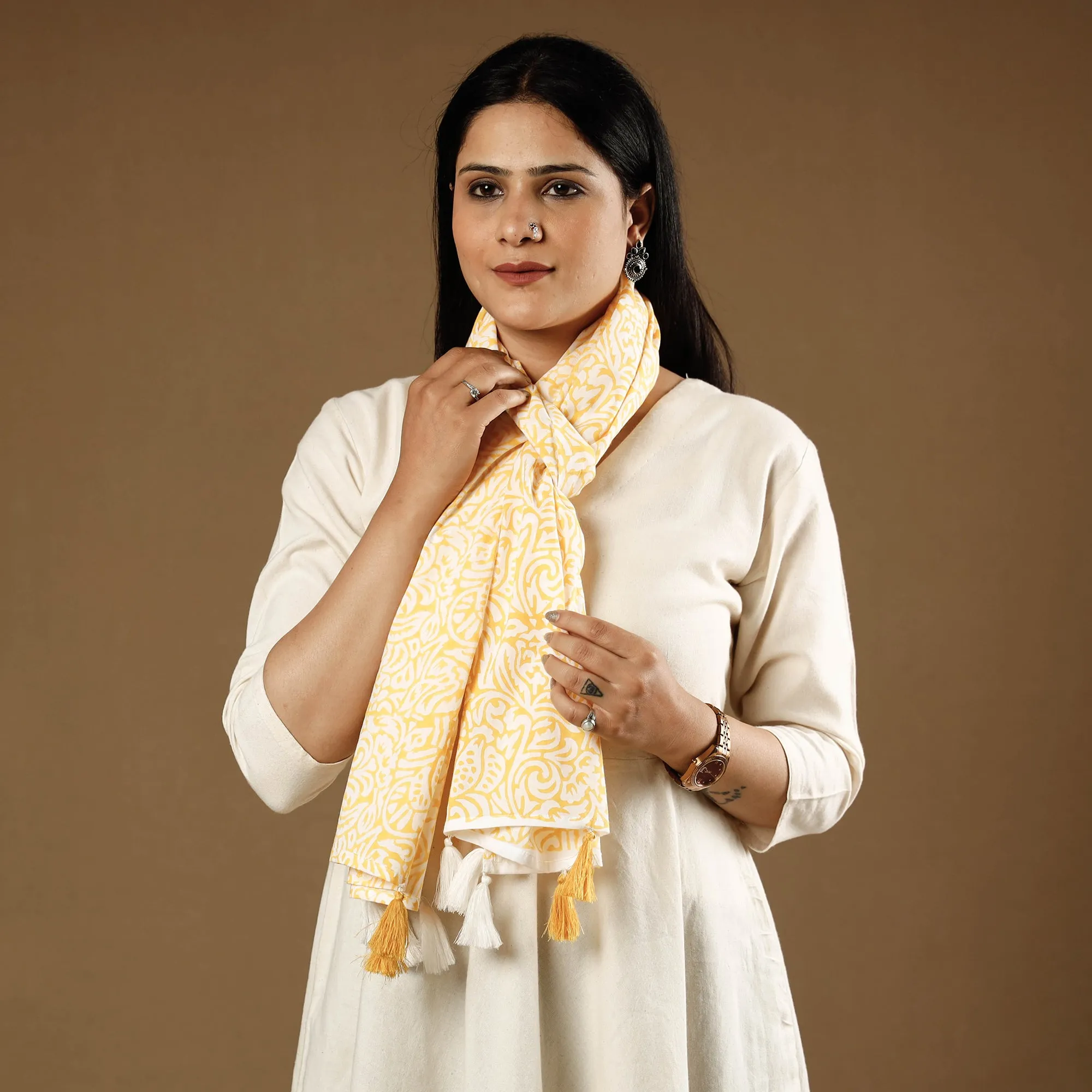 Jaal Buti Yellow Sanganeri Block Printed Cotton Stoles With Tassels