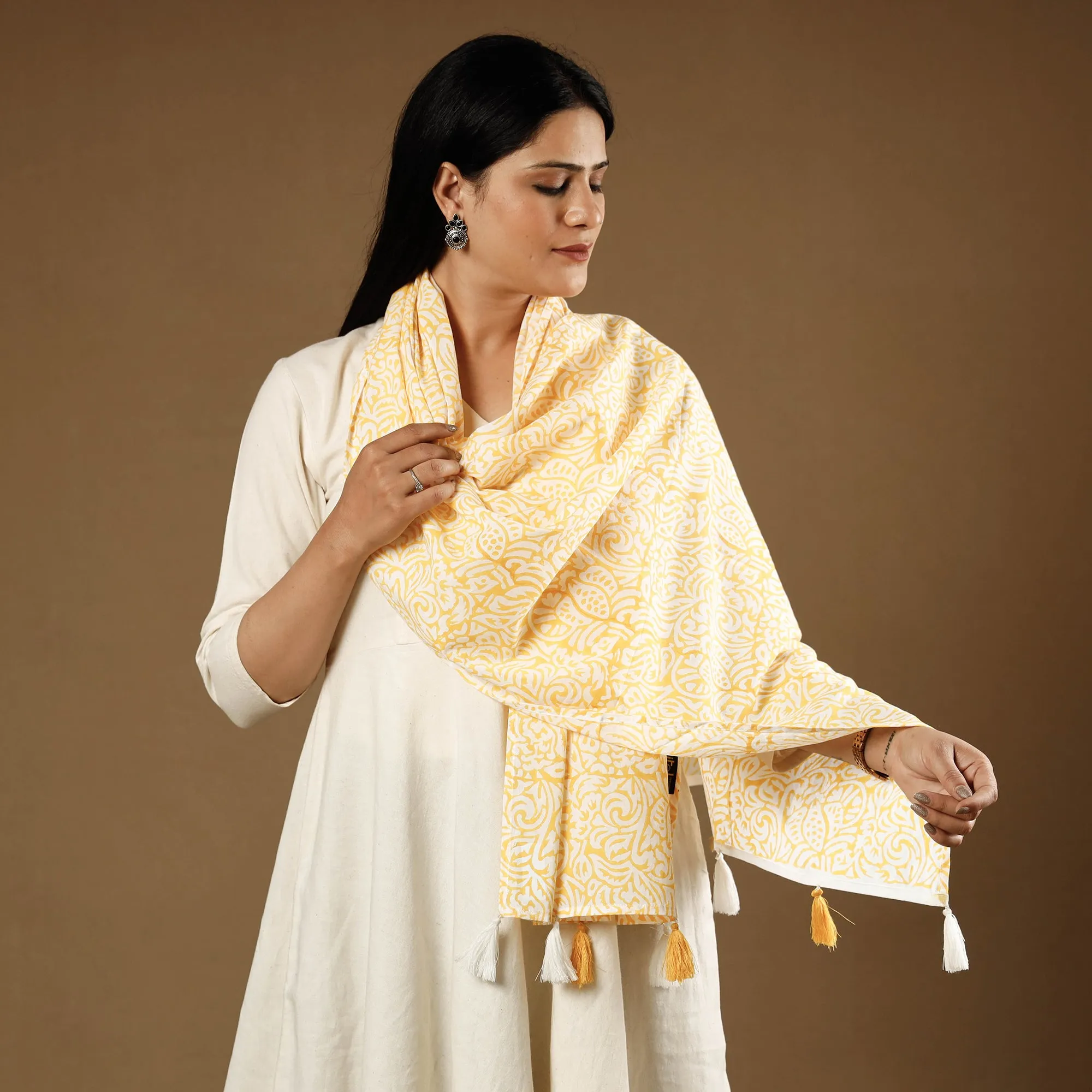 Jaal Buti Yellow Sanganeri Block Printed Cotton Stoles With Tassels