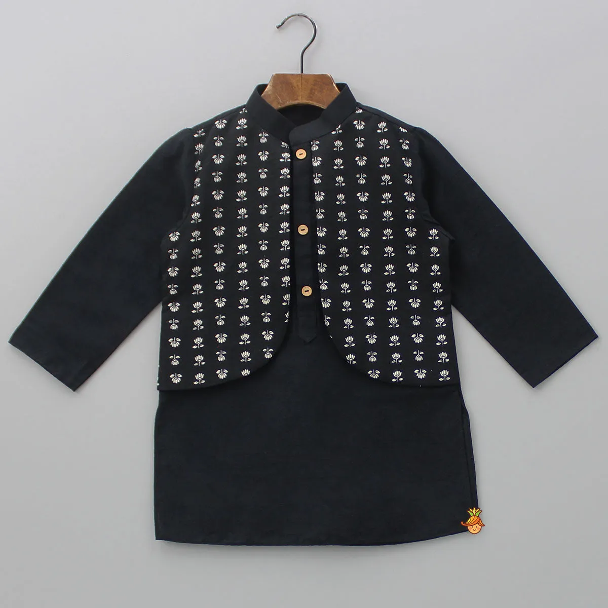 Jacket Style Black Kurta And Pyjama