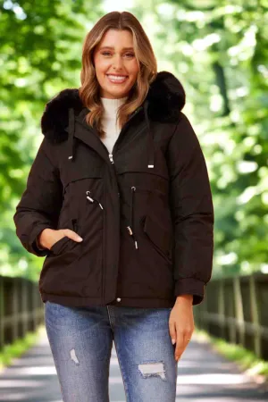 Jacket with Fur Trim Hood - Black