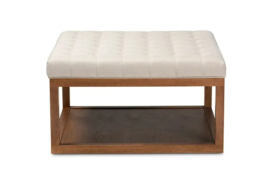 Jacob Beige Fabric Upholstered Walnut Finished Cocktail Ottoman