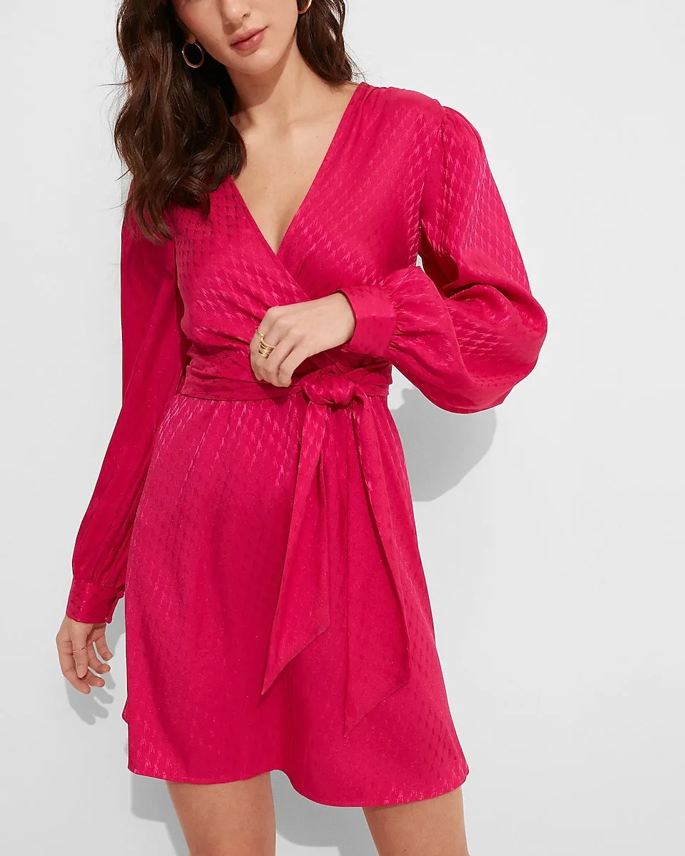 Jacquard Satin Tie Waist Long Sleeve Mini Dress in Neon Berry