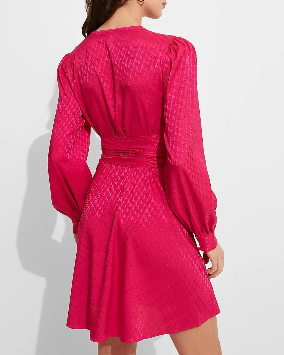 Jacquard Satin Tie Waist Long Sleeve Mini Dress in Neon Berry