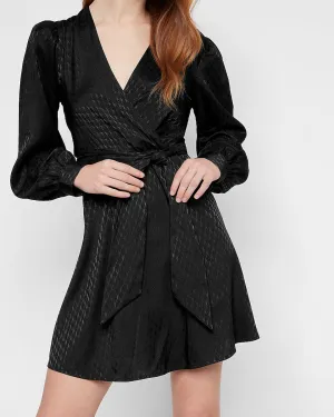 Jacquard Satin Tie Waist Long Sleeve Mini Dress in Pitch Black