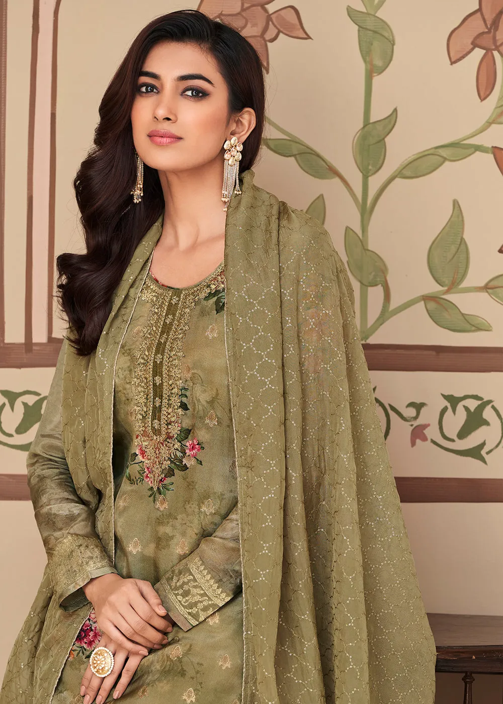 Jacquard Silk Classic Olive Green Digital Printed Salwar Suit