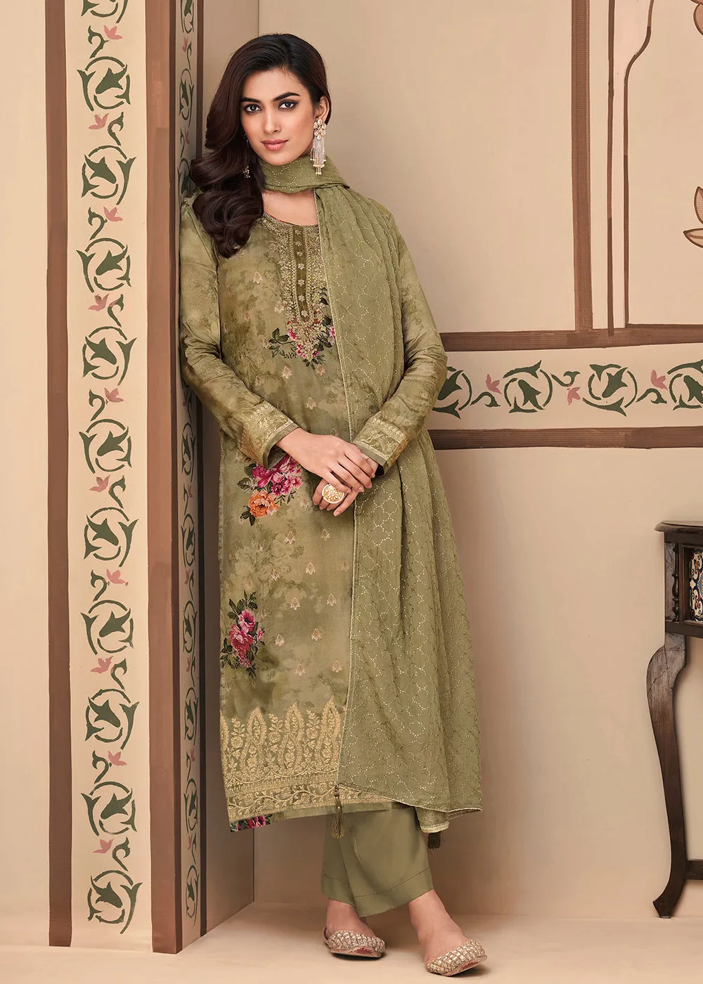 Jacquard Silk Classic Olive Green Digital Printed Salwar Suit