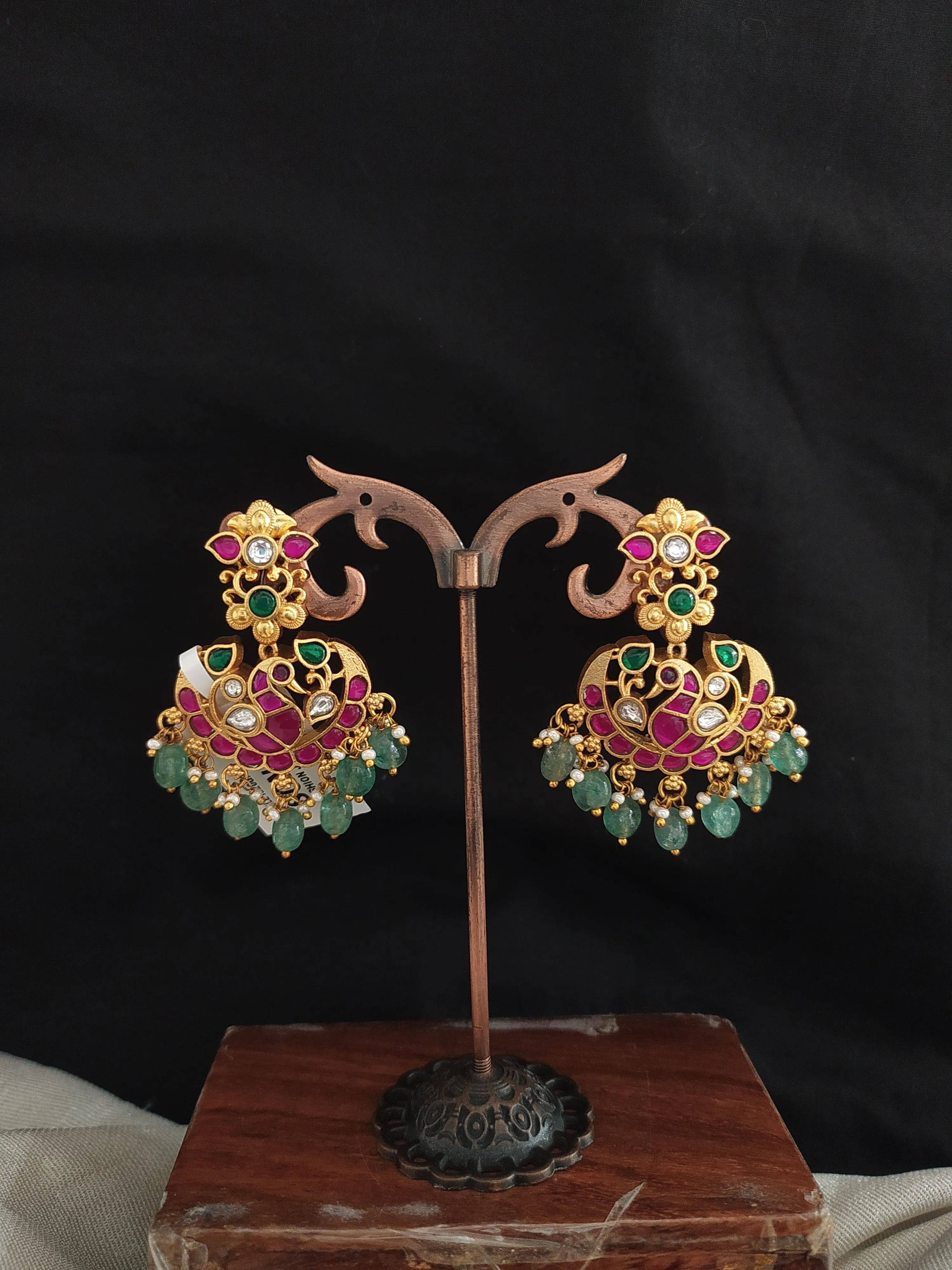 Jadau Kundan Chandbali Earrings with Ruby and Mint Strawberry Beads