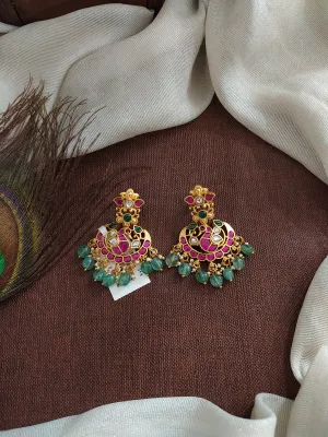 Jadau Kundan Chandbali Earrings with Ruby and Mint Strawberry Beads