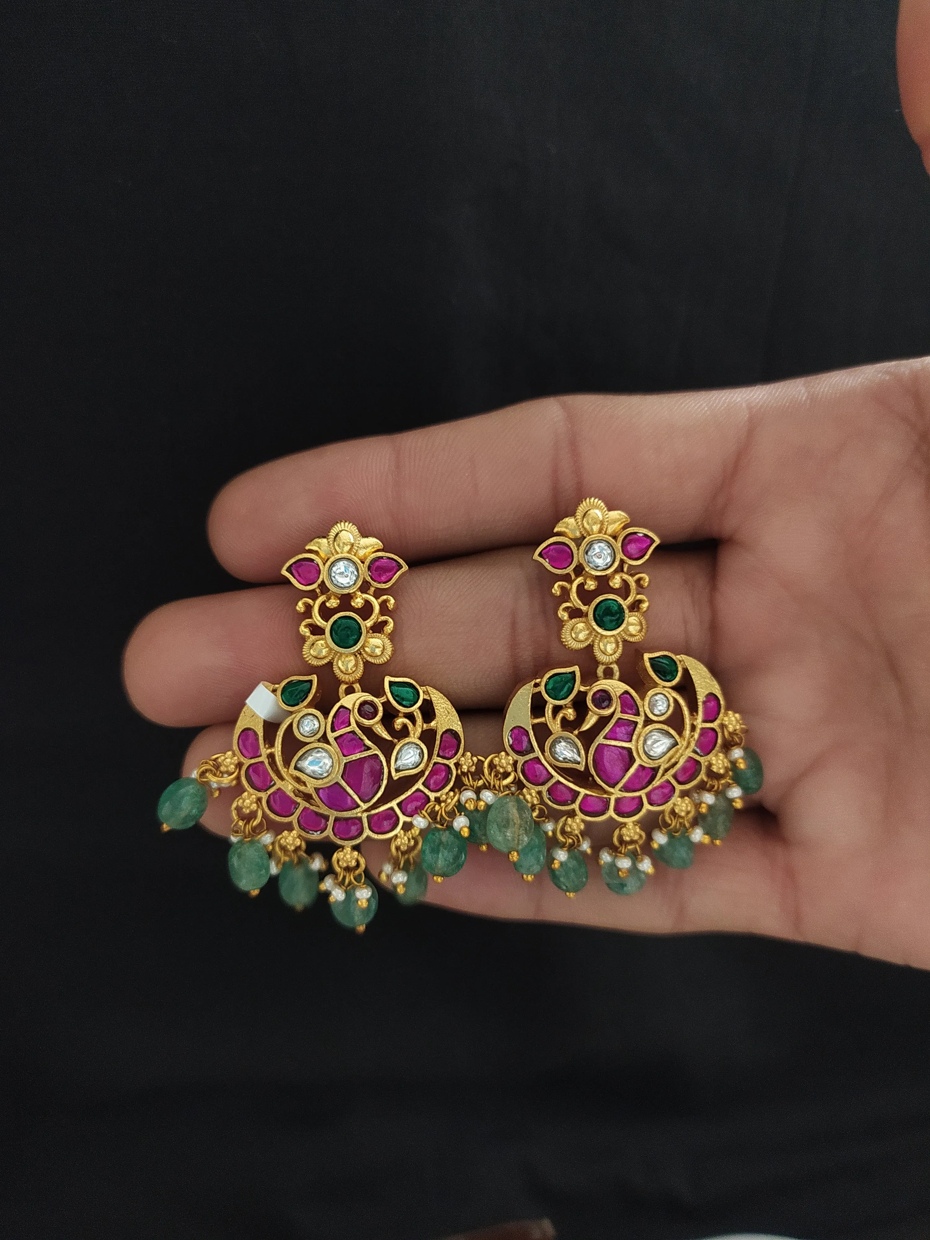 Jadau Kundan Chandbali Earrings with Ruby and Mint Strawberry Beads