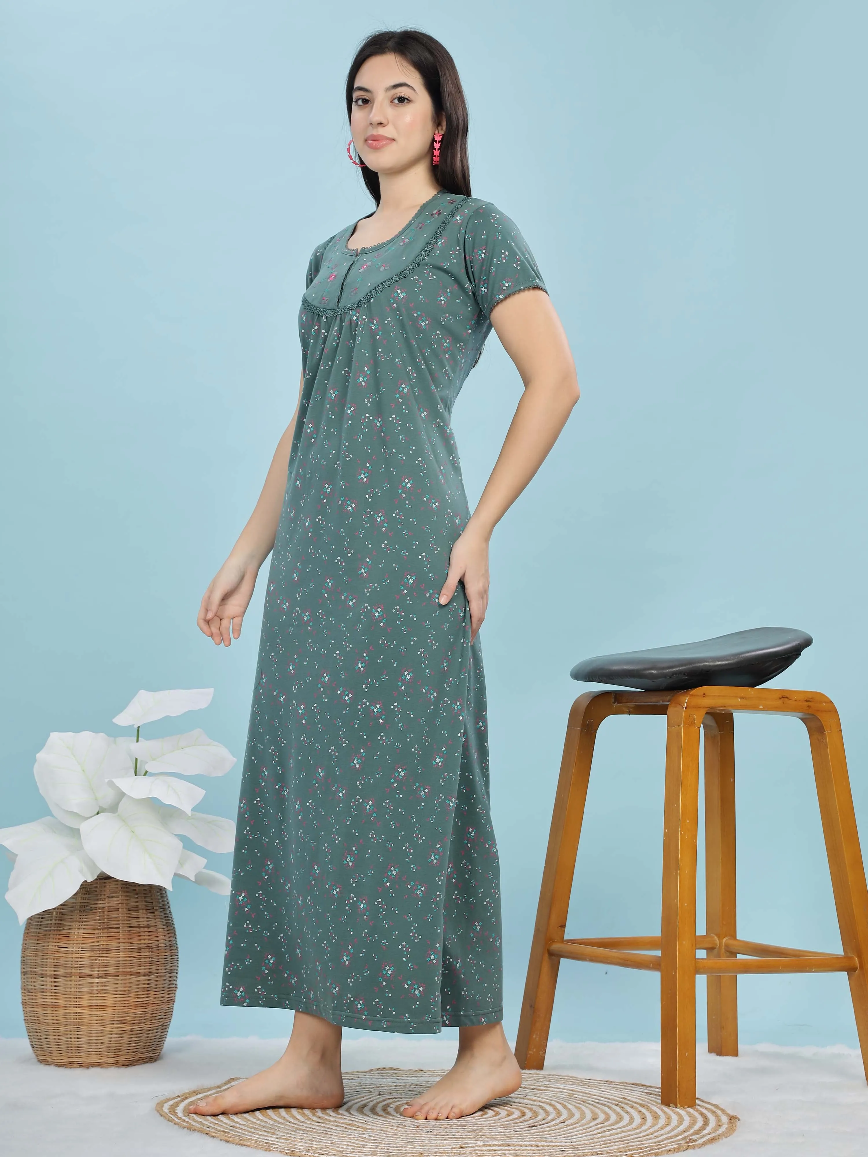 Jade Green Cotton Blend Maxi Nightdress for Women With Stylish Comfort