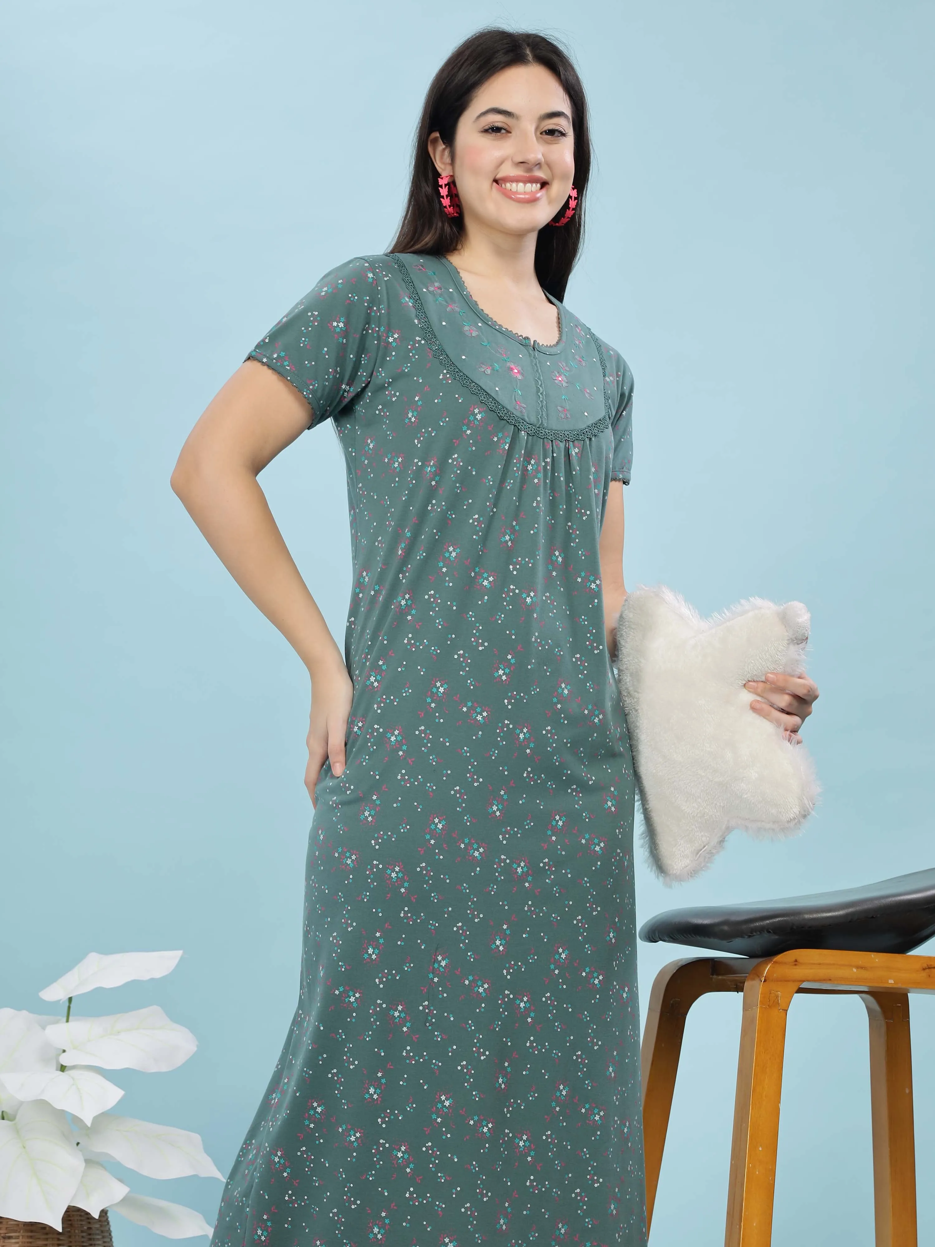 Jade Green Cotton Blend Maxi Nightdress for Women With Stylish Comfort