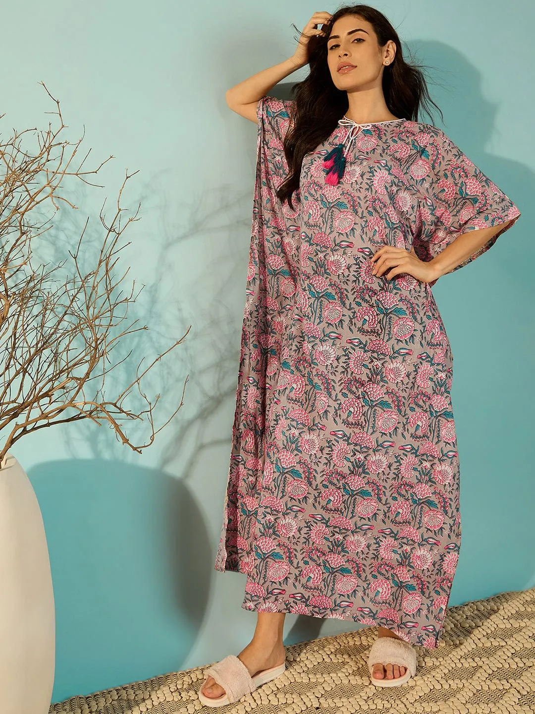 Jaipur Blocks Grey Cotton Kaftan Night Gown For Women